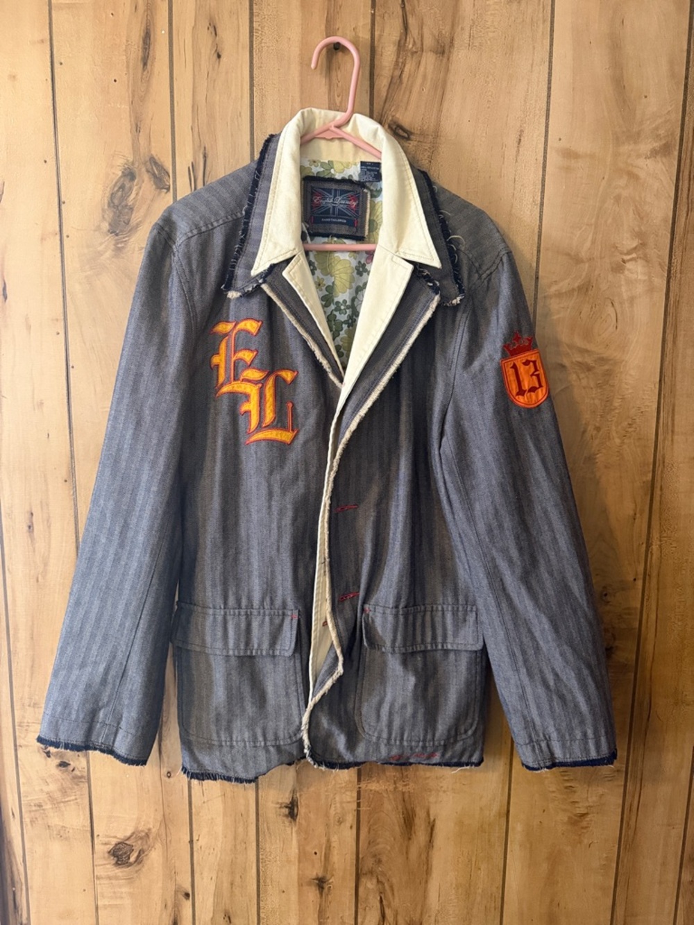 English Laundry Gray Jacket with Cream Collar and Orange Embroidery